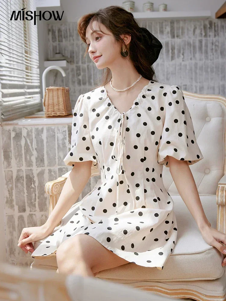 

MISHOW French V-neck Drawstring Tie Up Dots Dress 2023 Summer Puff Sleeve A-LINE Elegant Knee-Length Short Dresses MXC39L1578