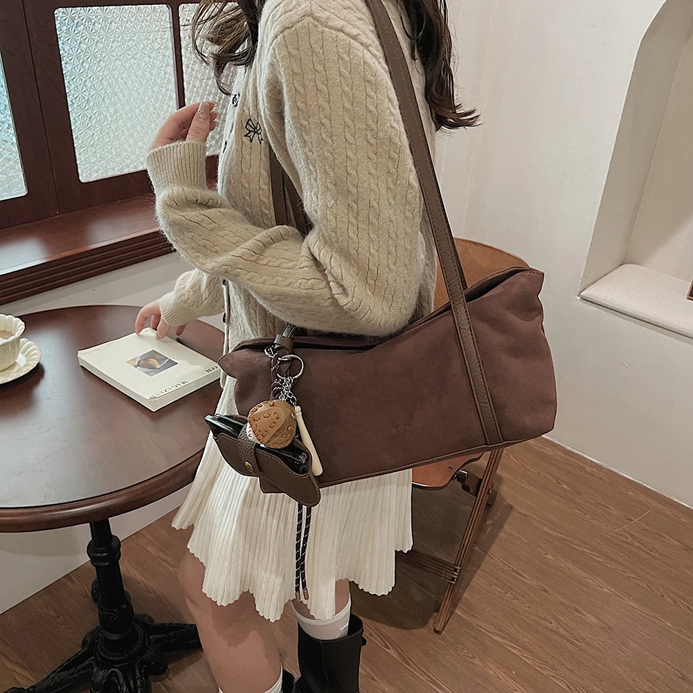 

Women Suede Shoulder Bag with Inner Pocket Flap Underarm Bag Large Capacity Satchel Bag Solid for Work Travel