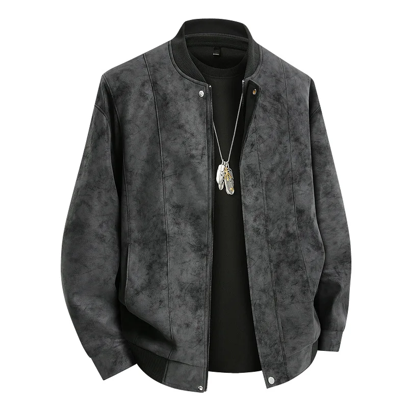 M-8XL Plus Size Leather Jacket Men Suede Coats Spring  Autumn Stand Collar Hidden Buckle Design Loose Solid Color Big Pocket Top