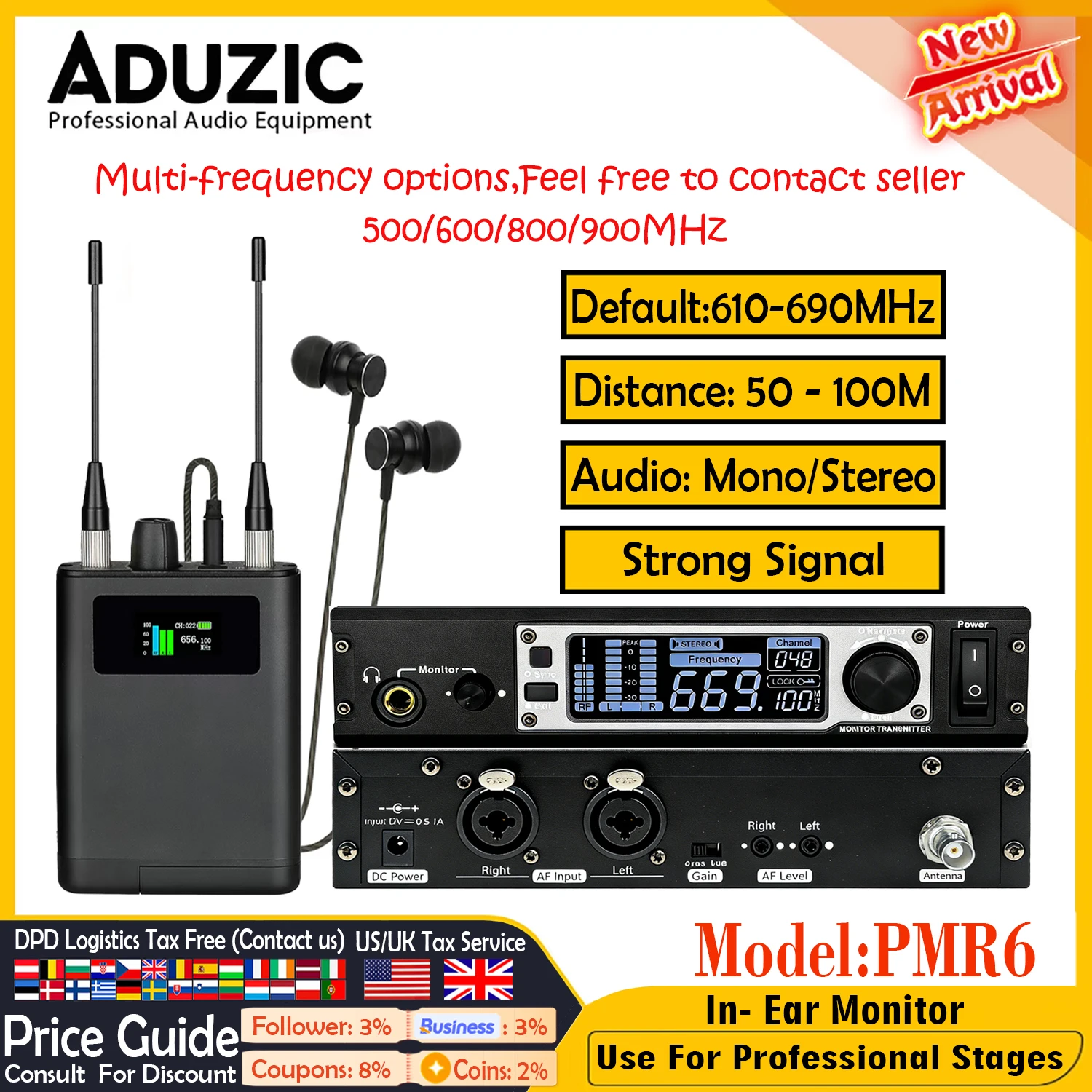 

Система стереофонических внутриканальных мониторов Aduzic PMR6 500/600/800/900 МГц, беспроводная система мониторинга IEM с бодипаком, профессиональное сценическое аудиооборудование