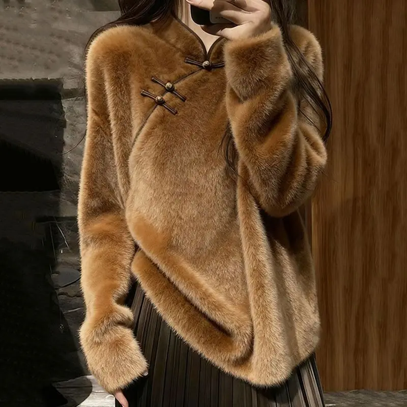 

Модный женский пуловер большого размера с воротником-стойкой, свободного кроя, осенне-зимний, стройнящий топ с китайскими пуговицами