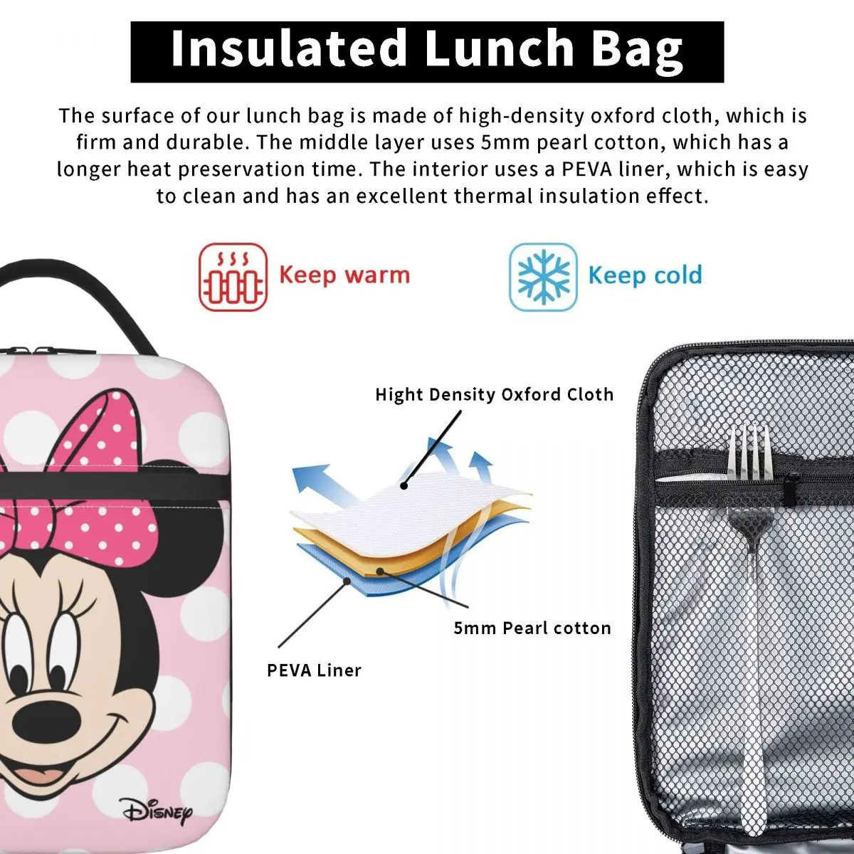 For Travel Minnie Aluminum Foil Insulation Handheld Disney Mickey Mouse Cartoon Food Container Boys Lunch Food Box