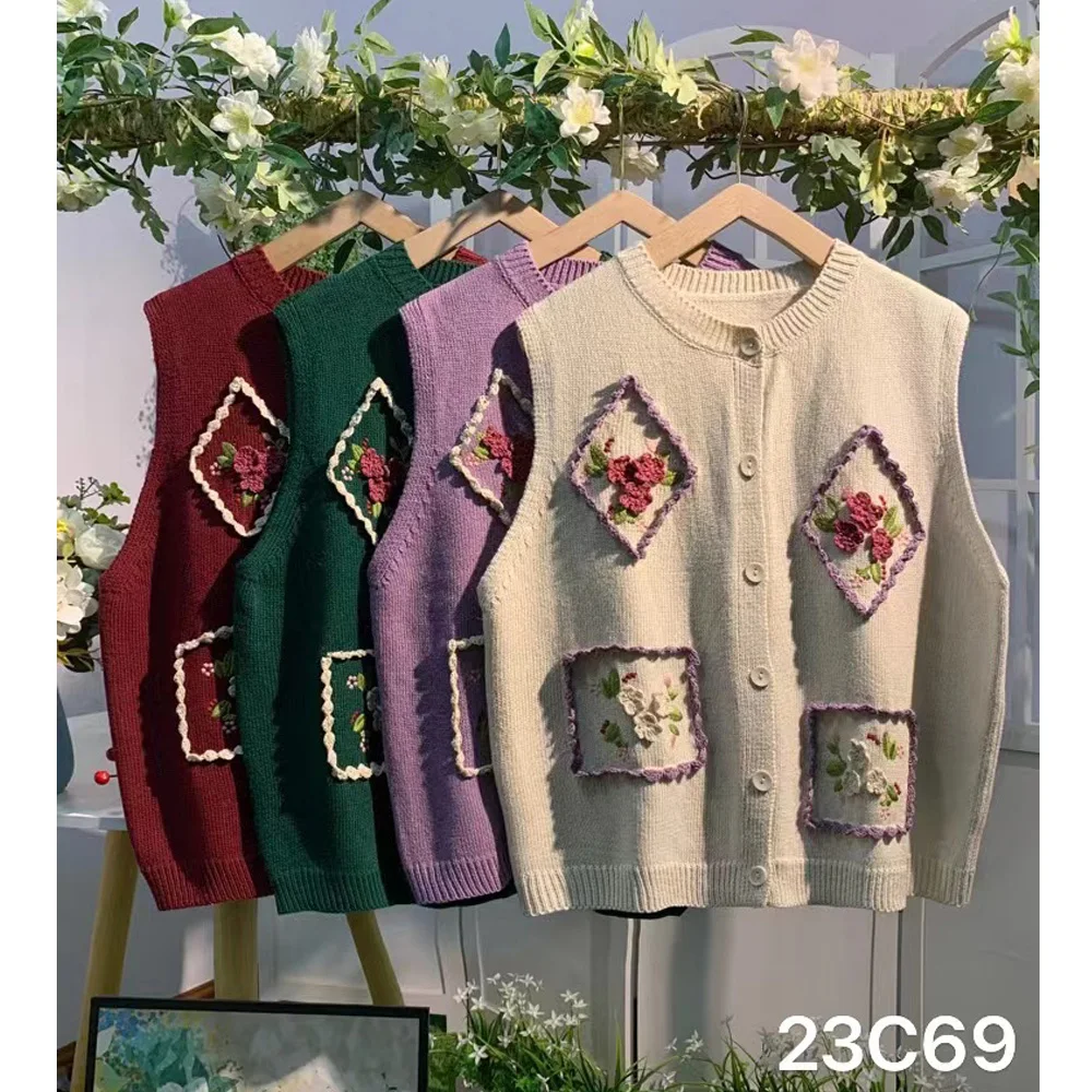 

Mori Girl Handmade Flowers Vintage Embroidery Patchwork Sweater Vest Women Japanese Sleeveless Kintted Cardigan Waistcoat Top