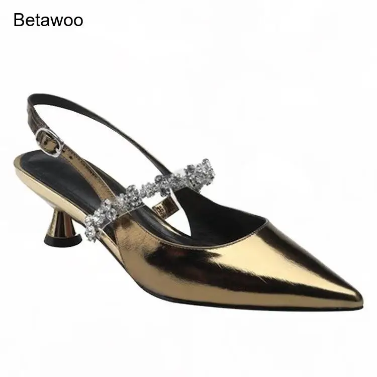

Metallic & Suede Slingback Heels with Crystal Strap, Elegant Low-Heel Party Shoes
