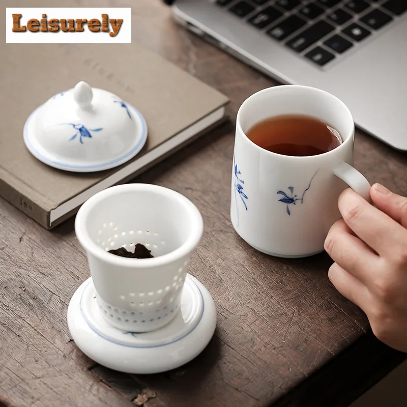 220ml Pure Hand-painted Butterfly Orchid Office Cup Dehua White Porcelain Mug with Lid Personal Tea Water Separation Filter Mug