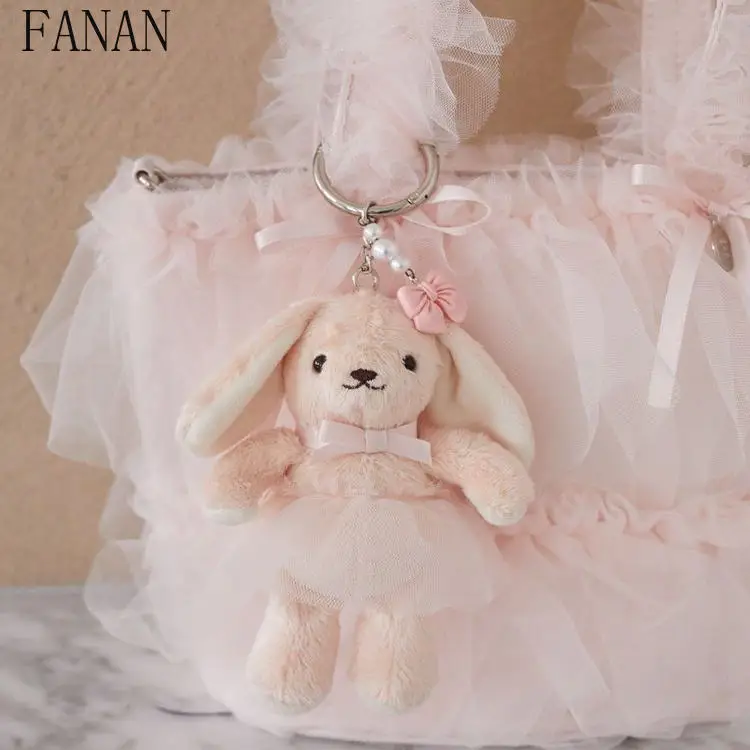 女性用バッグペンダント和風キーホルダーかわいい甘いウサギがメッシュを着ているカワイイペンダントファッションキーチェーン2025新作