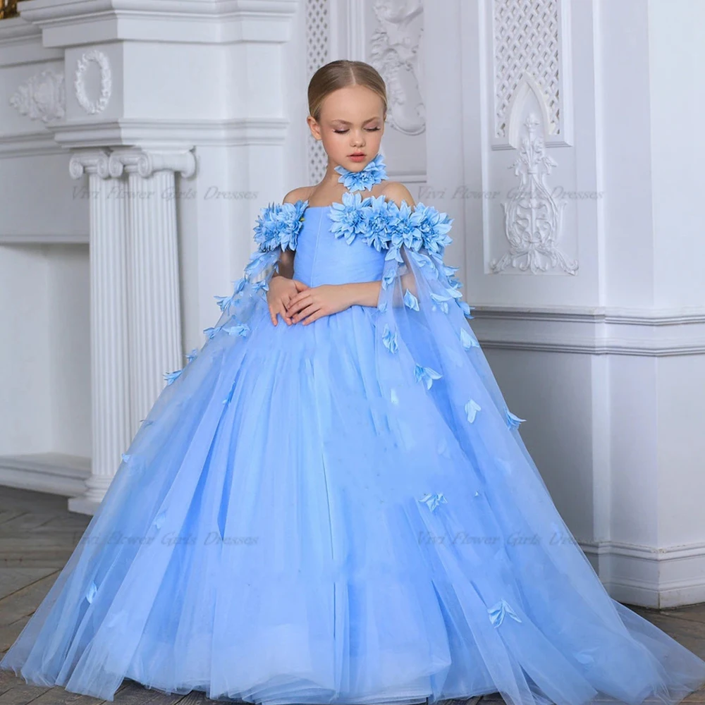 Vestidos de flores para niña, patrón de flores de tul blanco con lazo, Manga corta para boda, fiesta de cumpleaños, vestidos de primera comunión