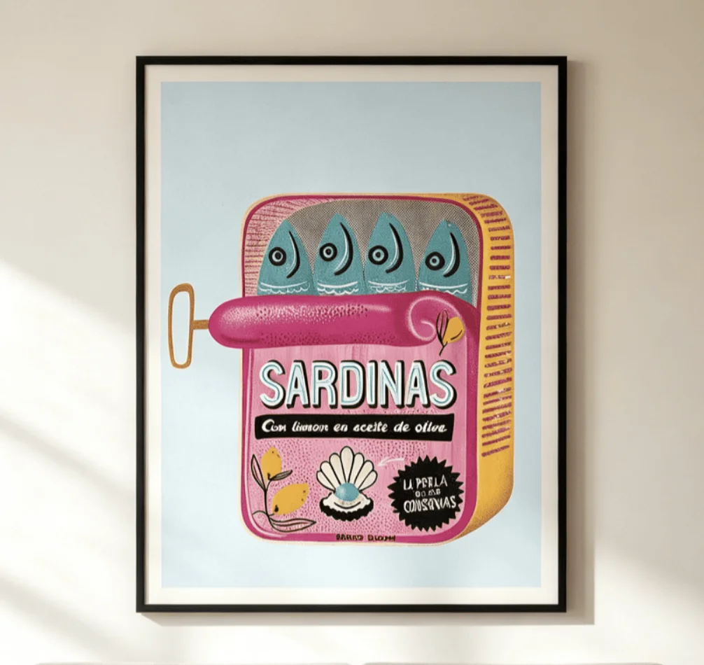 Colorful Sardine Can Wall Art Canvas Prints, Retro Tin Seafood Posters, Fun Quirky Decor for Kitchen Dining Room Bedroom Decor