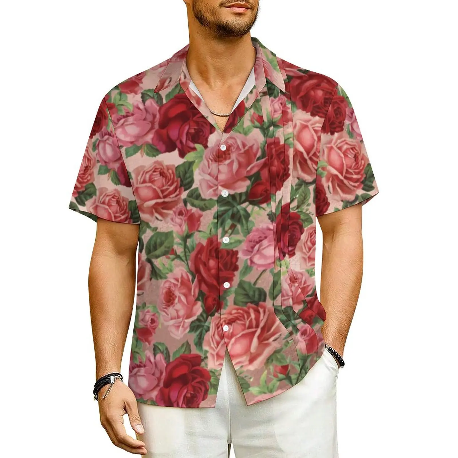 

Vintage Floral Print Beach Shirt Male Elegant Red Roses Novelty Casual Shirts Hawaiian Short-Sleeve Fashion Plus Size Blouses