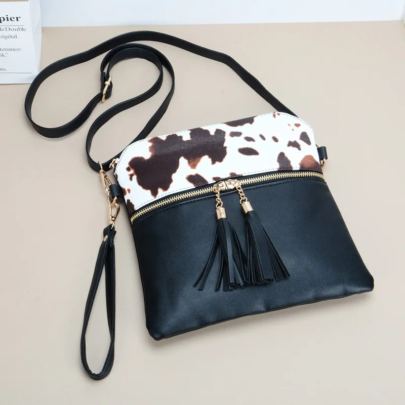 Bolsa crossbody com borla de pulseira com estampa de vaca, bolsa texturizada de couro PU, bolsa de ombro clássica versátil da moda para presente feminino