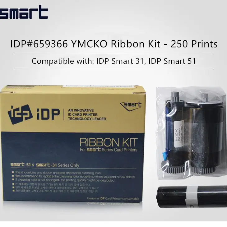 original idp 659366 color ribbon SS-IDDC-P-YMCKO with a free cleaning kits for idp Smart 31S 31D 51S 51D ID card printer