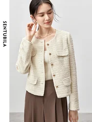 SENTUBILA Women Elegant Tweed Jackets 2024 Autumn French Style O Neck Metal Single Breasted Long Sleeve Female Coats 143W56210