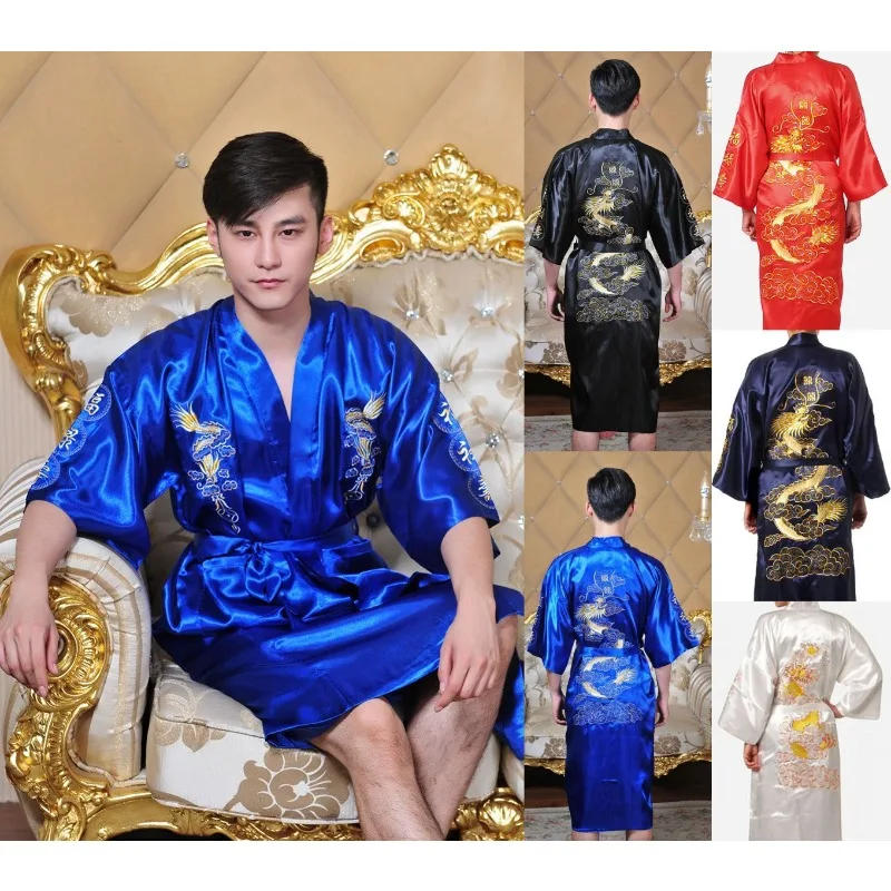 Navy Blue Embroidery Dragon Robe Nightgown Men Kimono Bathrobe Gown Satin Silk Sleepwear Nightwear  Loose Casual Home Clothes