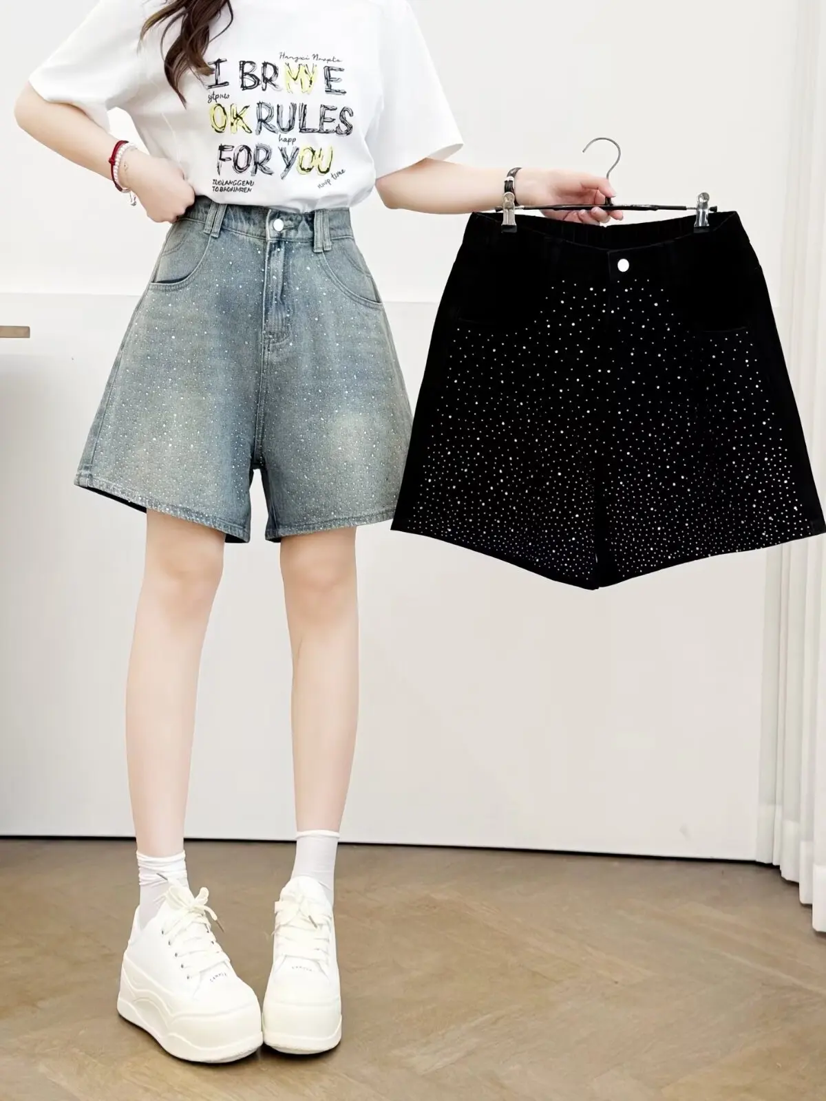 

High Waist Glittery Denim Shorts Loose Wide Leg Pants Five Tenths Summer Korean Style plus Size Women's Fashion Straight Tube...
