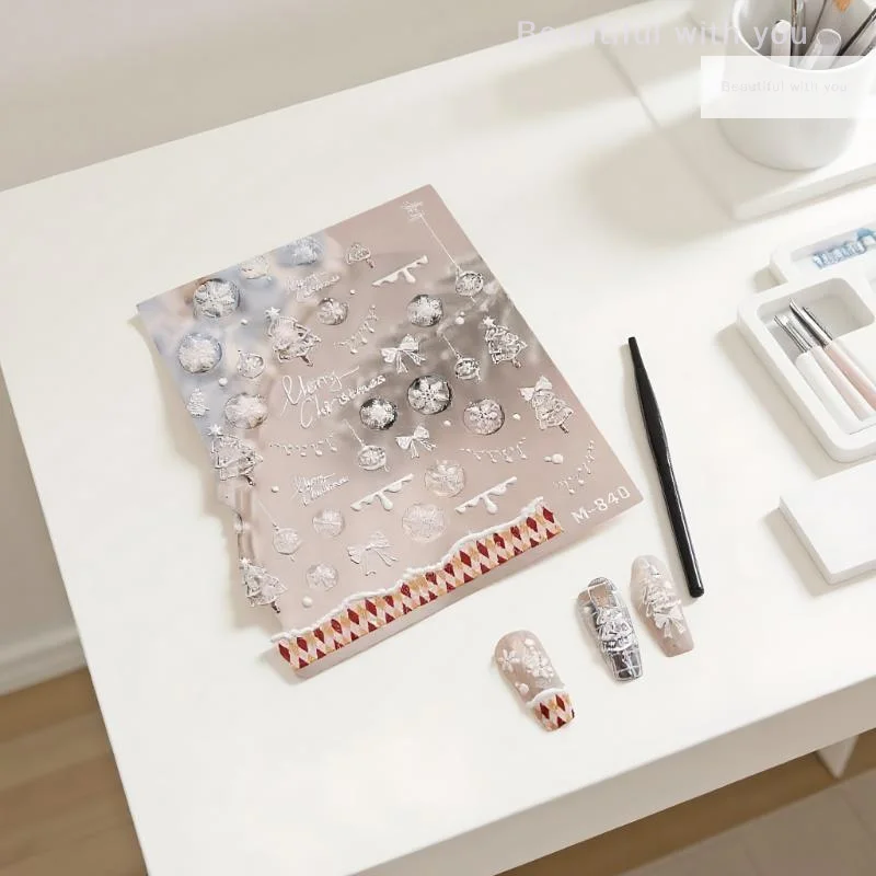

Charming Christmas White Tree Design with Snowflake Nail Art Stickers and Red Bows Featuring Embossed Print