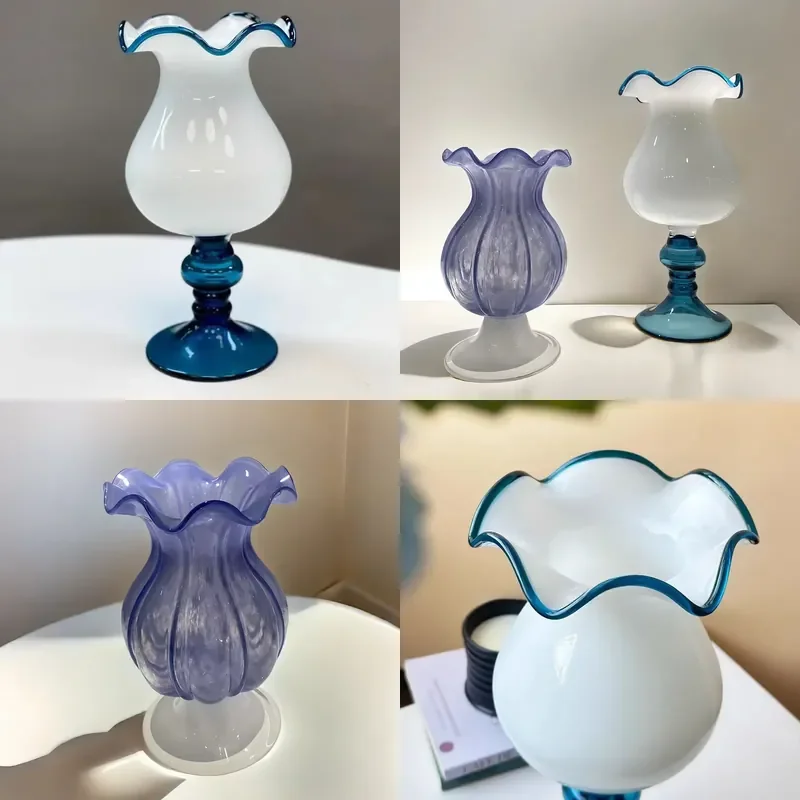 Cream Retro Glass Vase French Style Decorative Ornament for Dining Table Hydroponic Flower Arrangement Medieval Home Decor