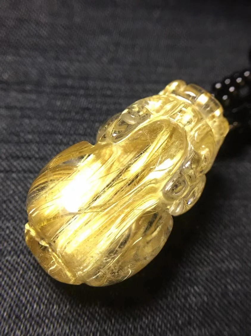 

Natural Gold Rutilated Quartz Barrel Pendant Necklace Jewelry 28*16*12mm Pi Xiu Yellow Rutilated Women Men AAAAAAA