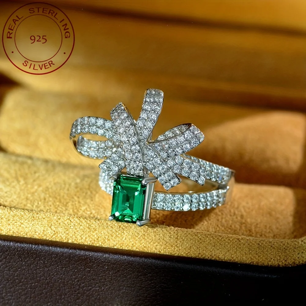 

Romantic 925 Silver Bowknot Rings Female Exquisite Shiny Green Zircon Ring Women Accessories Sweet Girls Party Jewelry Gift