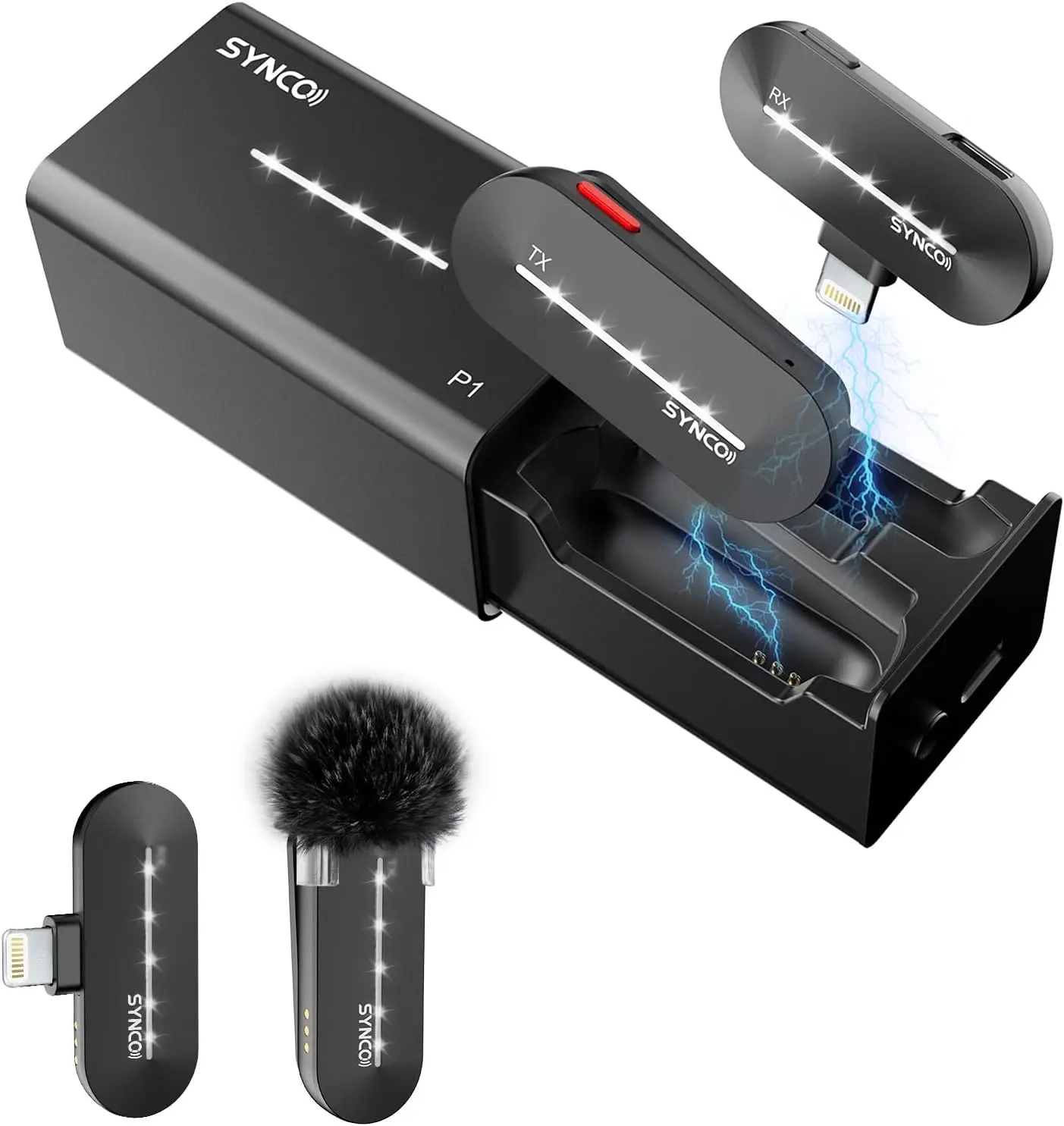 SYNCO Wireless Lavalier Microphone P1SL 2.4GHz Microphones Mobile Phone for iPad with Charging Case for iPhone14/13/12/11/SE