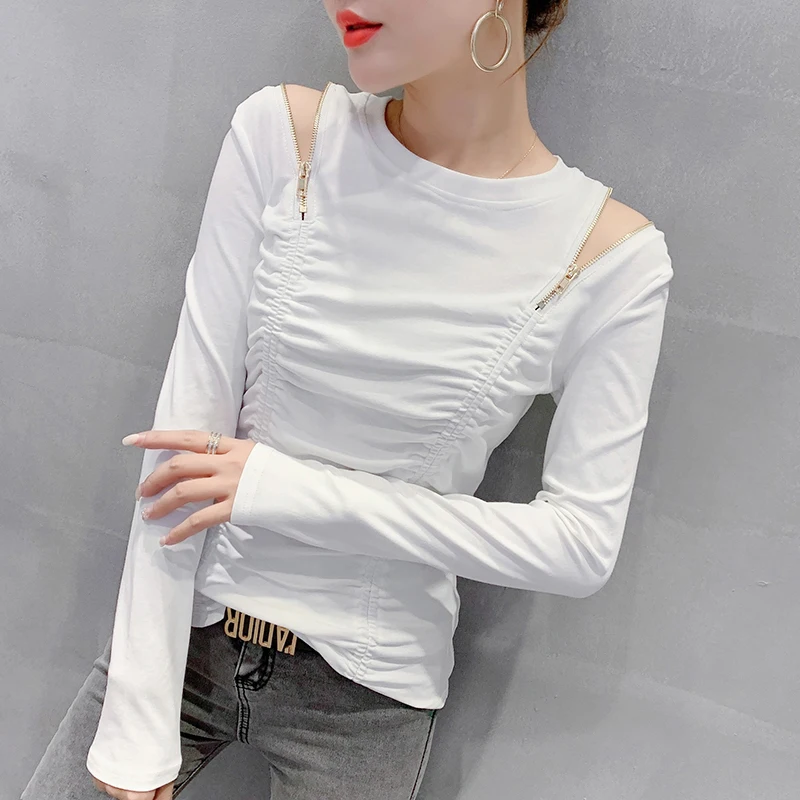 MadBlack, European Clothes T-Shirt, Women Sexy Mock Neck Zippers Tops, Long Sleeve Fashion Slim Tee, Autumn Winter New T485137QM