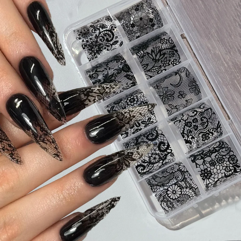 10 Rollen 4 x 50 cm schwarz weiß Spitze Transfer Nagel Aufkleber Sexy Blume Spitze Nail Art Transfer Folien Papier für DIY Maniküre Aufkleber * @ #