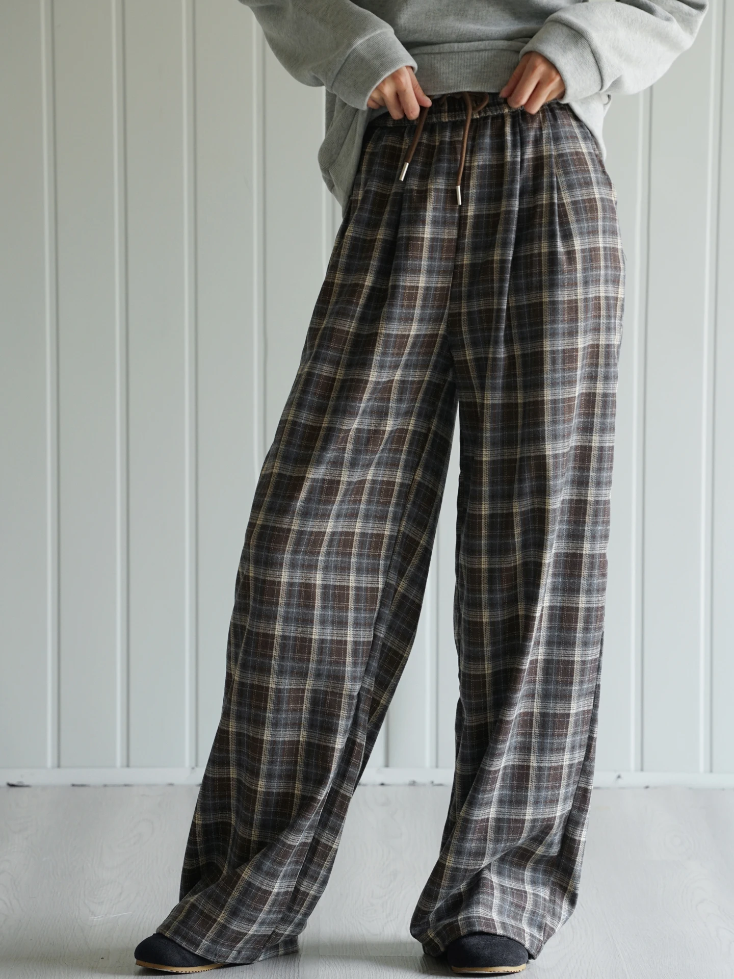 

Шерстяные брюки NBN Lazy Sle в клетку, повседневные, свободного кроя, с широкими штанинами, в пол, женские, в корейском стиле, с эффектом драпировки