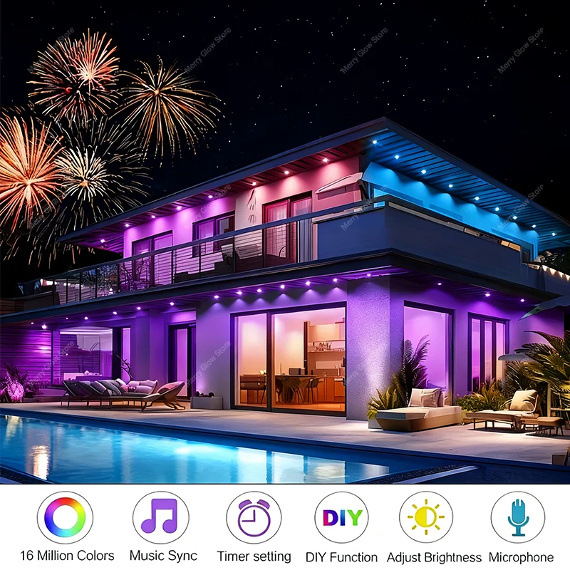 Luci esterne permanenti 200FT/60M Luci per grondaia impermeabili App Bluetooth Funzione timer Modalità scena multiple per decorazioni natalizie