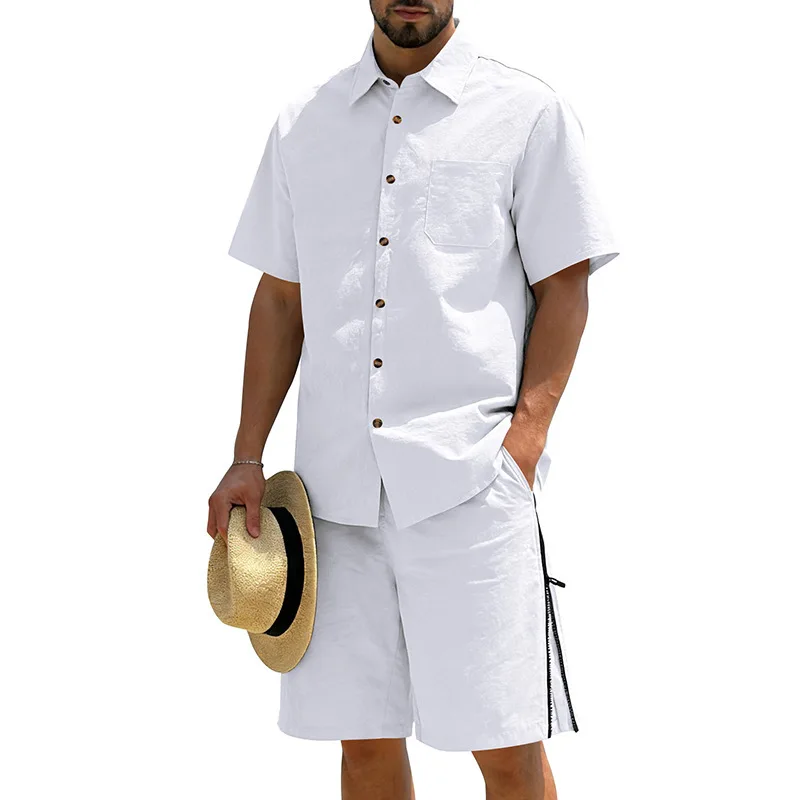 Men's Casual Cotton Linen 2 Piece Outfit Short Sleeve Button Down Shirt and Drawstring Shorts Summer Beach Vaion Set