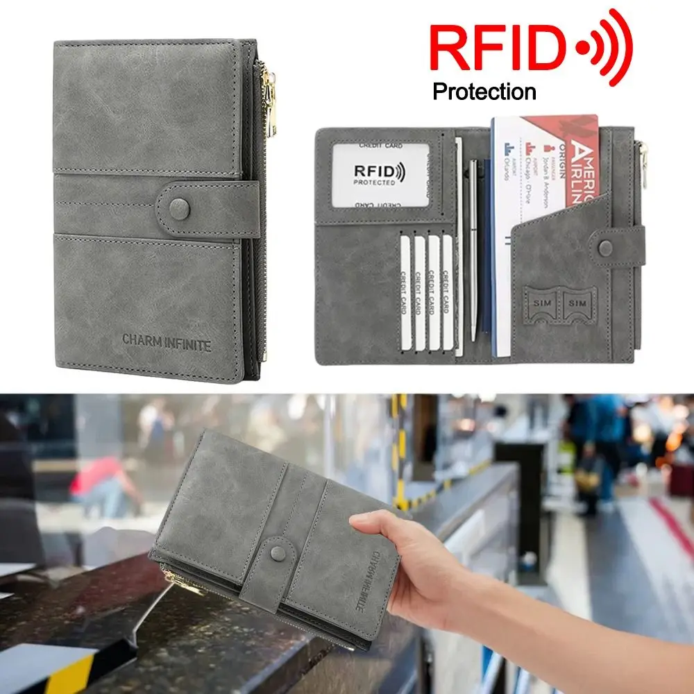 Retro PU RFID Blocking Passport Bag Solid Color Multifunctional Zipper Buckle Wallet Anti-theft Ticket Card Holder