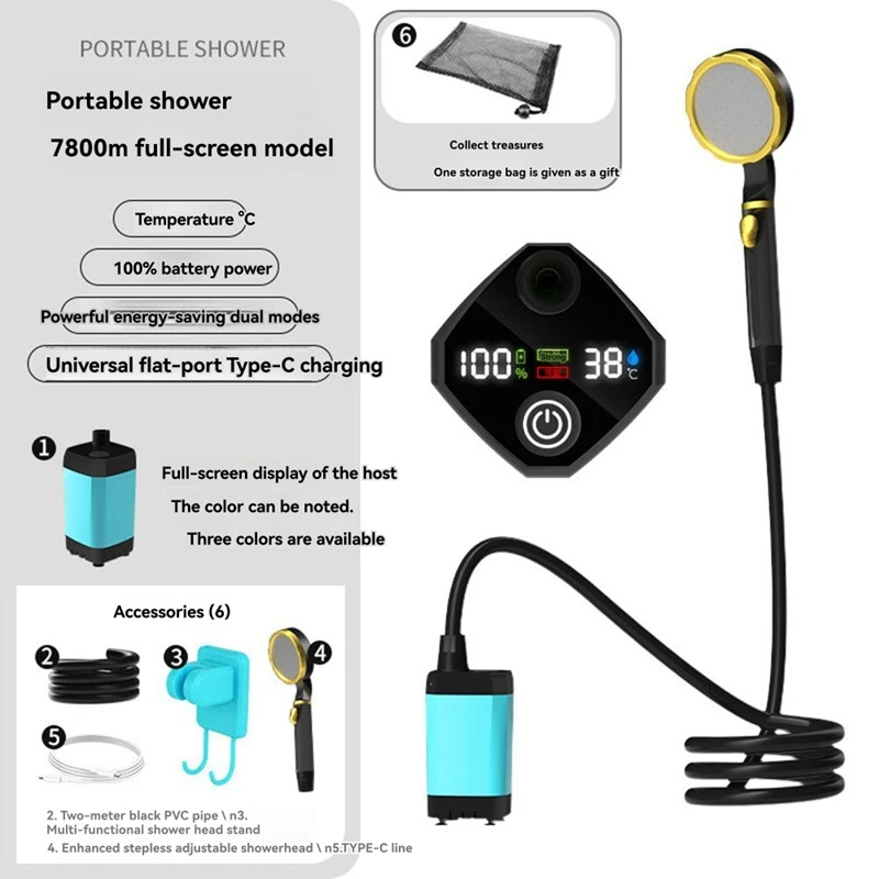 Outdoor Shower Kit Camping Shower Pump Full Screen Digital Display 7800mah Upgraded Low Noice Outdoors Shower Kit Blue-A56M
