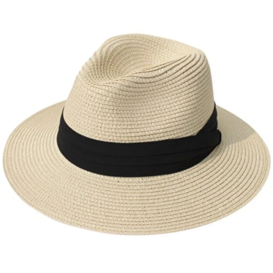 

Lanzom Women Wide Brim Straw Panama Roll up Hat Fedora Beach Sun Hat UPF50+