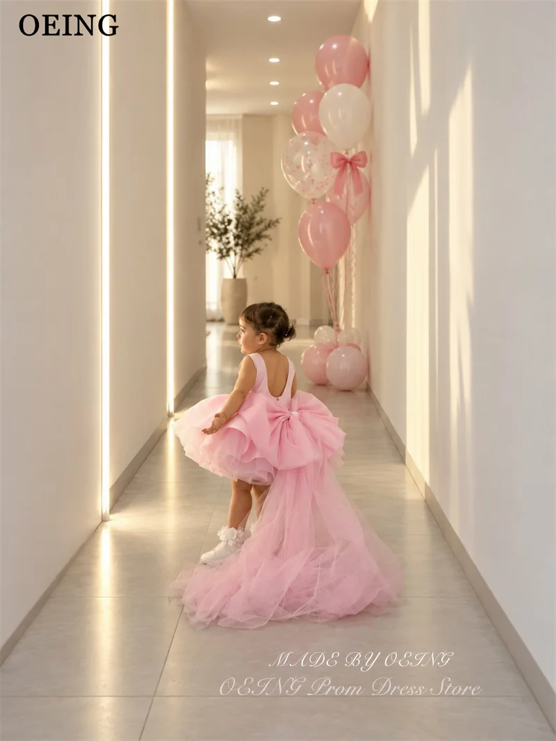 OEING Cute Pink Flower Girl Dresses O-Neck Bubble Wedding Party Dress Midi Oversize Bow Princess Birthday Dress 2026 Customized