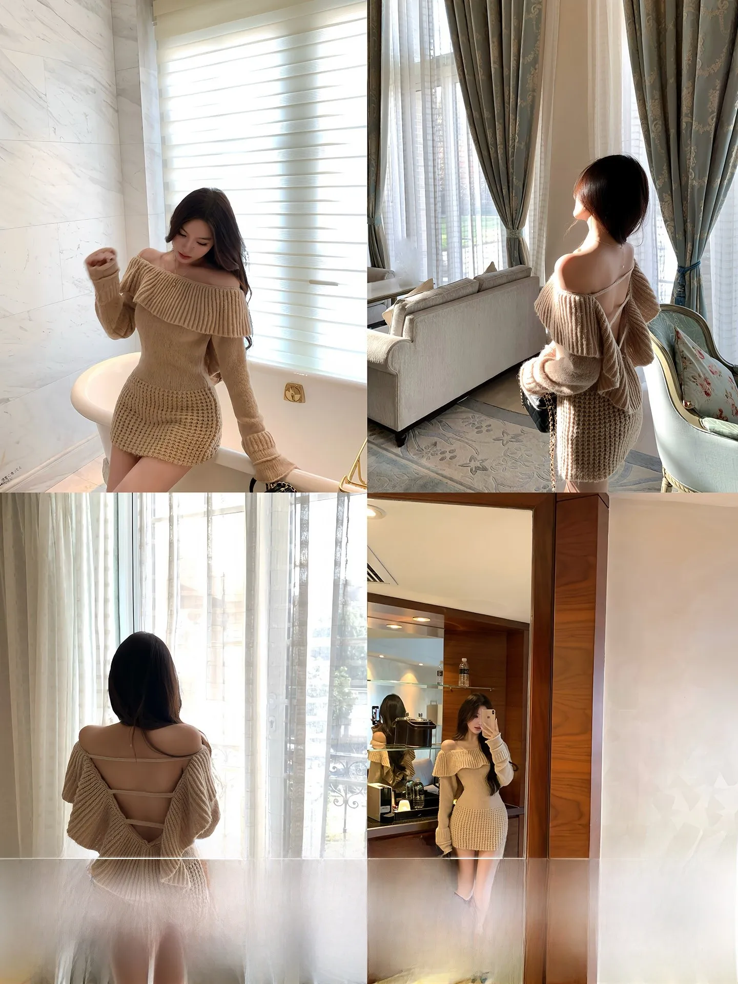 

V-Neck Knitted Dress with Lace Trim One Shoulder Backless Short Skirt for Women City Commute Date Casual Outdoor Party