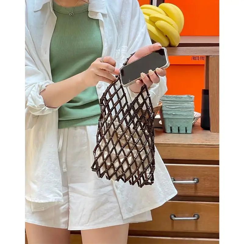 handmade-wooden-bead-handbag-coffee-color-woven-bag-for-beach-vacation-portable-korean-style-custom-design-service
