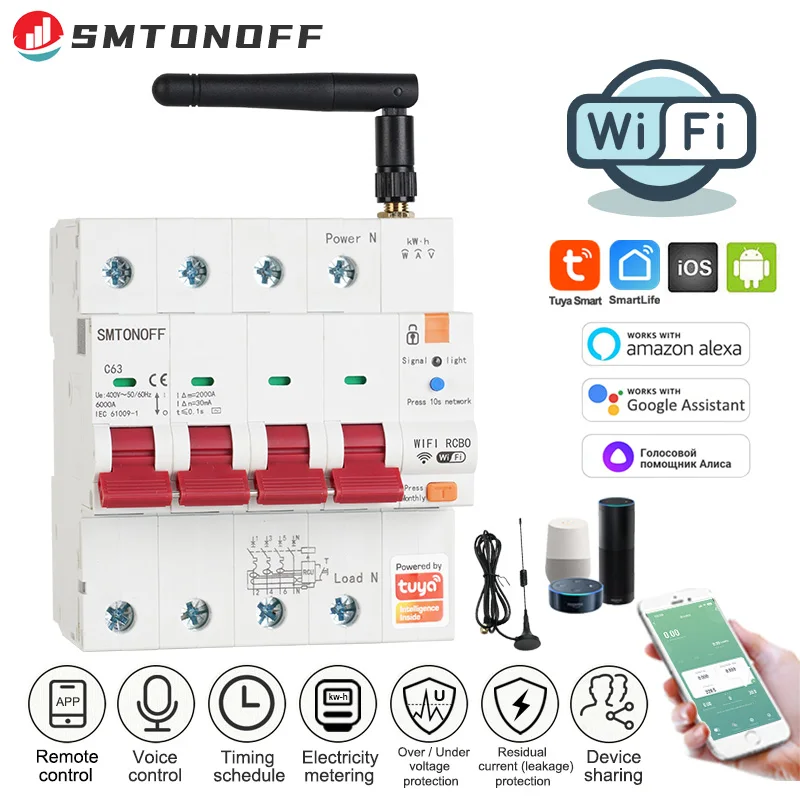 

Tuya Smart WiFi RS485 4P 63A RCBO Breaker Prepaid Meter Timer Switch Voltage Current Protector Voice Control Alexa Google Alice