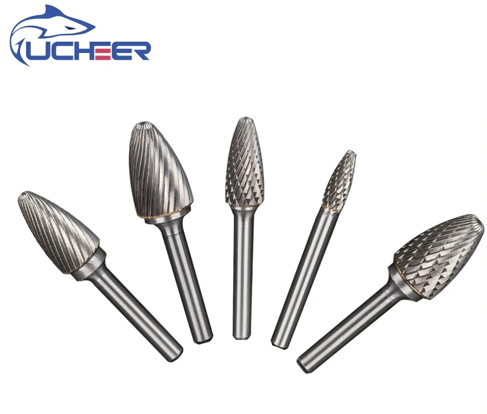 UCHEER 1pc 6mm F type Single/double cut Carbide burr Cutter Metal Grinding Carving Rotary File Cylindrical Router Bit