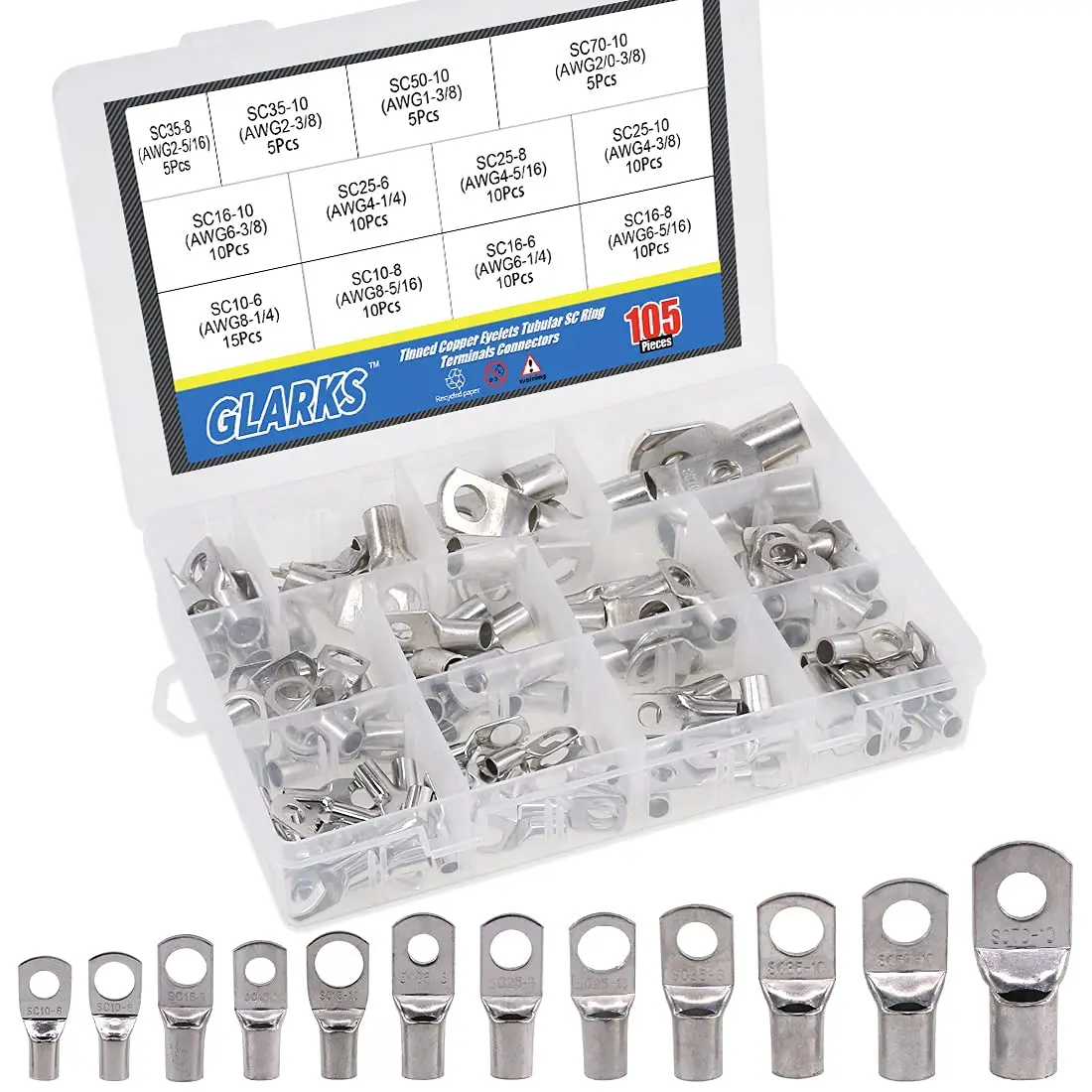 

105Pcs 12 Type Heavy Duty Wire Lugs Tinned Copper Eyelets SC Ring Terminals Connectors Kit