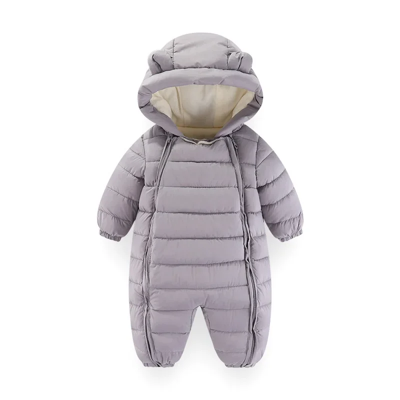 2024 New Winter Baby Hooded  Jumpsuit 0-2 Y Infant Cute Solid Color Fur Lining Romper Toddler Add Fleece Outwear Baby Clothes