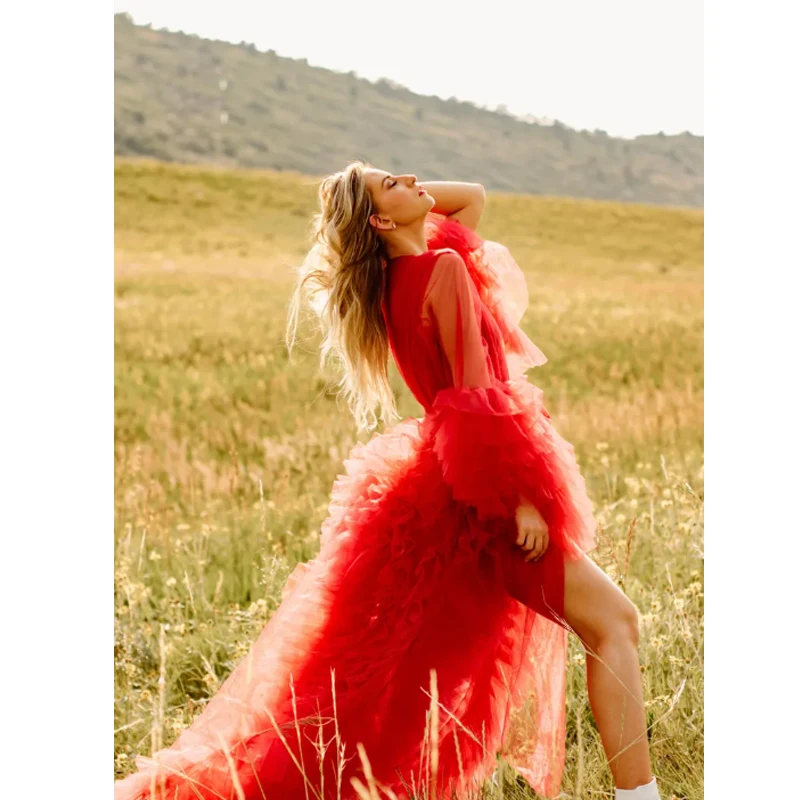 Luxury Sheer Red Mesh Ruffle Robe, Photoshoot Costume Maxi Dress with Cape Sleeve,see-through long dress for Wedding bridesmaid