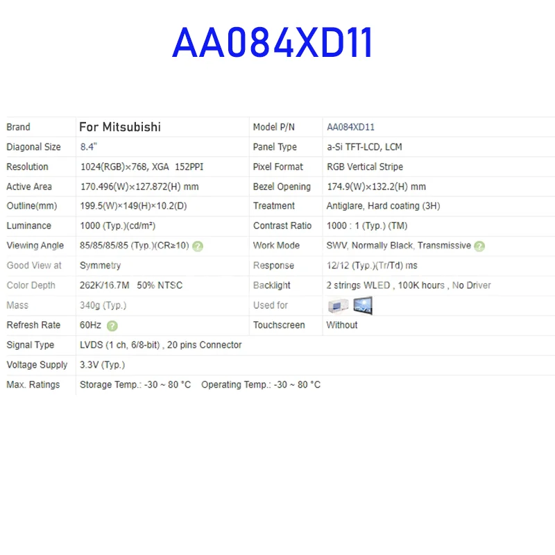 AA084XD11 8.4 Inch LCD Display Screen Panel Original for Mitsubishi Brand New and Fast Shipping 100% Tested