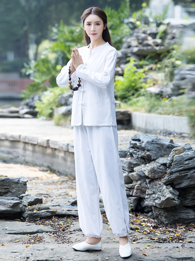 

Wind Zen Cotton Linen Robe Set Large Size Retro Button up Top Tai Chi Morning Practice Yoga Two Piece Set Ladies Faion