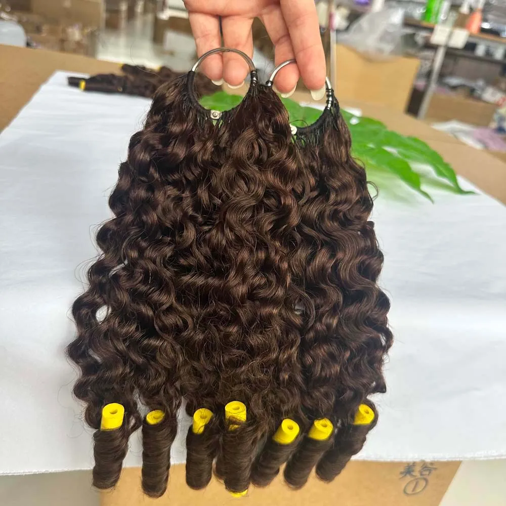 Miracle Knots Crochet Human Hair Burmese Curly Brown 4# 60g 18 Inch 50 Strands, Chocolate Brown, Pre-Separated Invisible Feather Burmese Curly Crochet Hair for Black Women, Reusable Long-terms