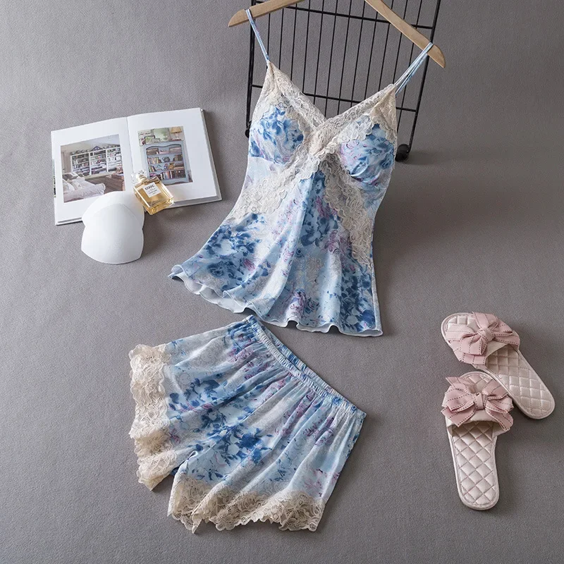 Sexy Hanging Pajamas Thin Ice Silk Hanging Pajama Dress with Breast Pads Lace Edge Pajama Shorts Two Piece Set