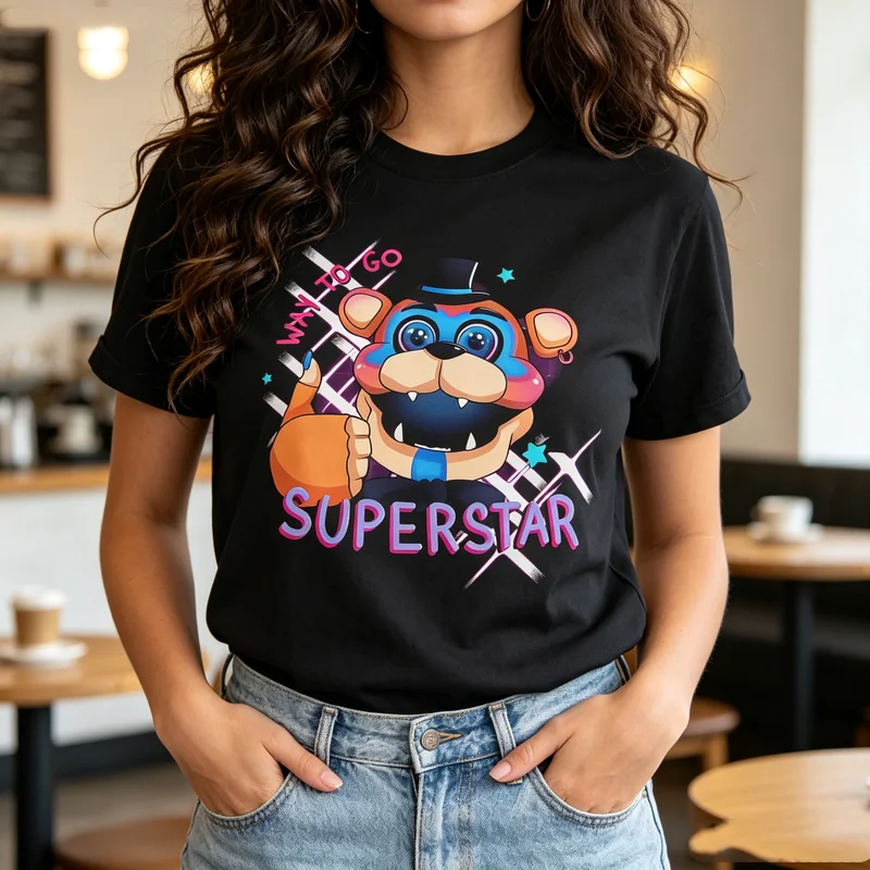 Cool FNAF Superstar Bear T Shirt for Men Women Five Nights At Freddys Let's Go Graphic Short Sleeve Cotton Tee Harajuku Tops