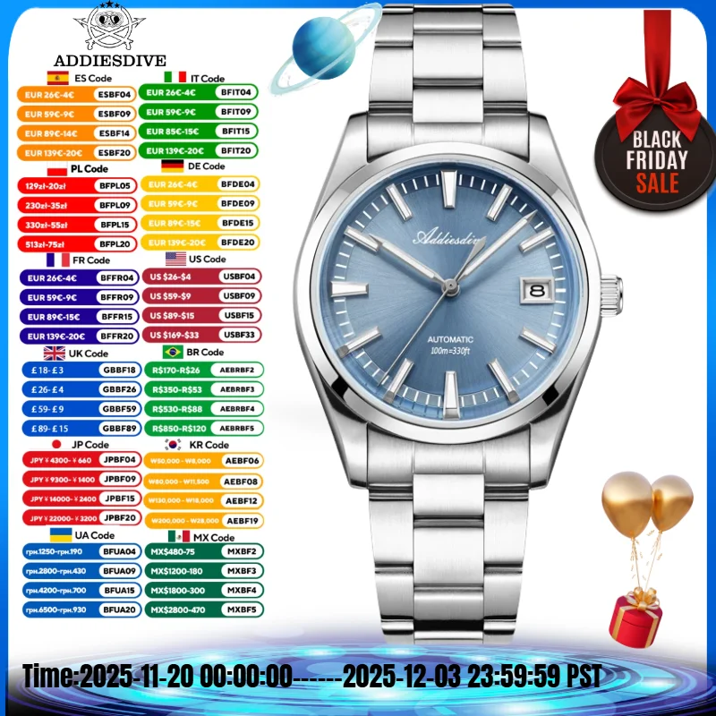 ADDIESDIVE 39MM Orologio meccanico automatico 100m Impermeabile relógios masculino BGW9 Super luminoso Giappone NH35A Orologio da uomo