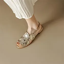 2024 Summer Sandals Sheepskin Round Toe Women Sandals Chunky Heel Women Shoes Low Heel Shoes for Women Hollow Out Ladies Shoes