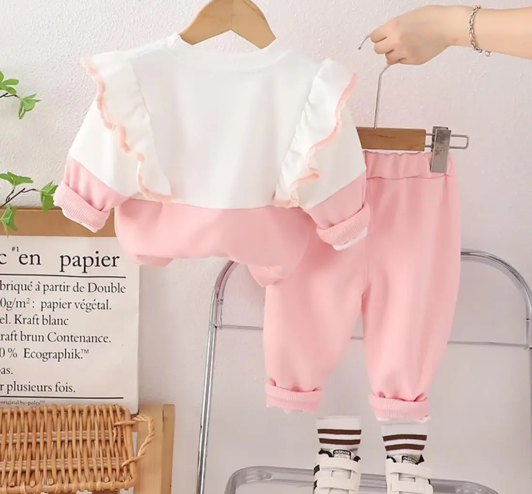 Sweat-shirt et pantalon à manches longues en dentelle brodée pour enfants, ensembles de tenues pour tout-petits, vêtements pour bébés, style coréen, 2 pièces, automne 2024