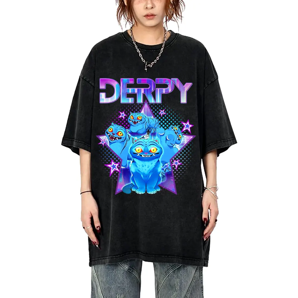 

Movie KPop Demon Hunters Derpy Tiger Washed Vintage T-shirt Men Women Cartoon Casual Soft Cotton Tshirt Men's Oversized T Shirts