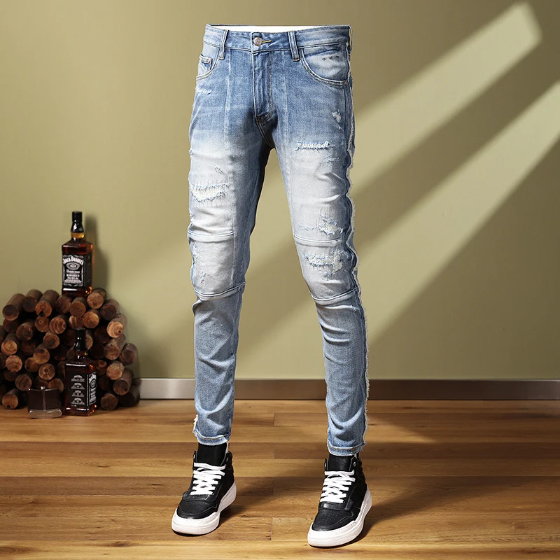 Street Trend Fashion Men Jeans Retro Light Blue Elastic Stretch Skinny Patchwork Ripped Jeans Men Spliced Designer Hip Hop Pants
