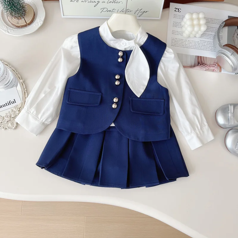 

Children's Preppy Style Set New Spring and Autumn Korean Girl Fashionable Chic Shirt Vest Pleated Skirt Three-Piece Set